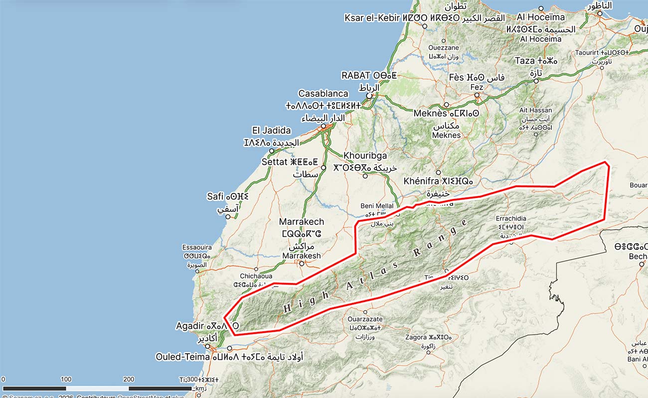 Map showing the main Atlas Mountain ranges in Morocco, including the High Atlas, Middle Atlas and Anti-Atlas