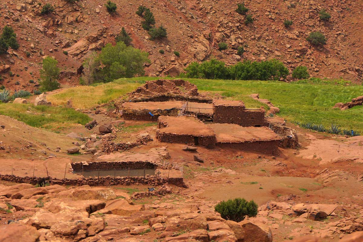 Earthen houses and green fields in Azzaden Valley, Morocco